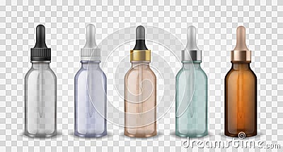 Glass bottles with dropper. 3d realistic cosmetic blank vials for essential oil liquid, collagen serum vector mockup Vector Illustration