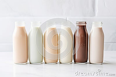 glass bottles of plant-based protein shakes Stock Photo