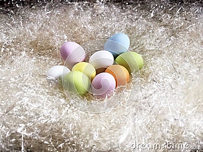 Glass bottles for spices and oils. recycled packaging. Ecopackaging. Zero waste products.colorful easter eggs in a nest close-up. Stock Photo