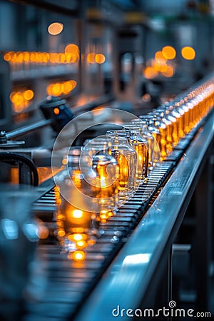 Glass Bottling, An automated assembly line efficiently processes glass bottles, showcasing a seamless production flow in a Stock Photo