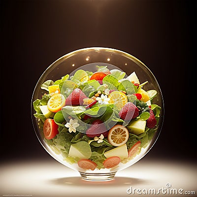 a glass bowl filled with a salad with fruit and vegetables Stock Photo