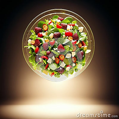 a glass bowl filled with a salad with fruit and vegetables Stock Photo