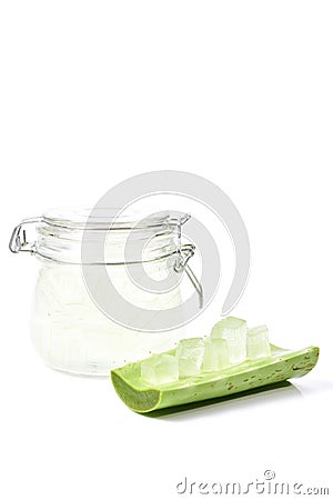 A glass bowl full of freshly picked Aloe vera plant, peeled and Stock Photo