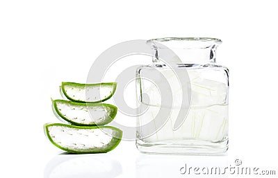 A glass bowl full of freshly picked Aloe vera plant, peeled and Stock Photo
