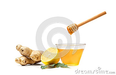Glass bowl with honey, ginger and lemon for sore throat on white background Stock Photo