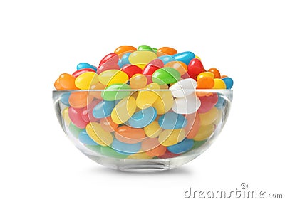 Glass bowl of tasty bright jelly beans isolated Stock Photo