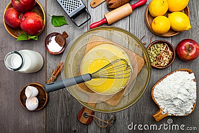 Glass bowl and whisk, pie ingredients top view. Cream with eggs in glass bowl Stock Photo