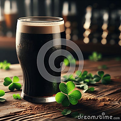 Glass of dark stout sits on wooden table, with sprinkling of shamrocks Stock Photo