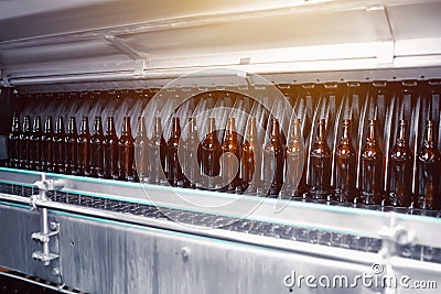 Glass brown beer bottles in industrial bottle washer. Glass brown beer. Stock Photo