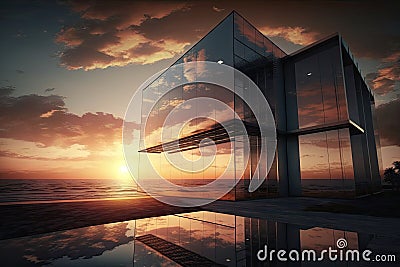 glass building, with view of the ocean and sunset, for modern and sophisticated design Stock Photo