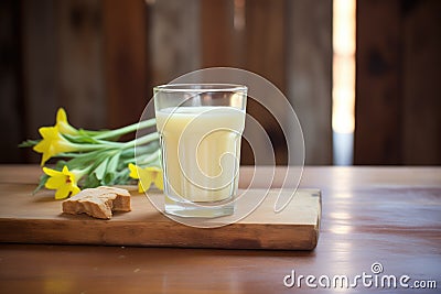 glass of buttermilk on rustic wood with fresh butter cubes Stock Photo