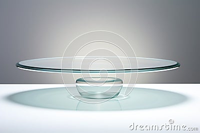 A glass cake plate on a white table, glass podium, pedestal. Stock Photo