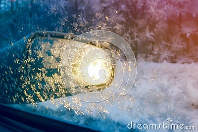Glass of the car in snowflake, frost Stock Photo