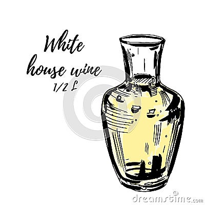 Glass carafe filled with white wine, isolted on white. Vector hand drawn illustration Vector Illustration