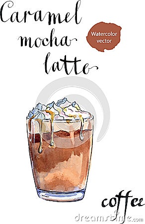 Glass of caramel latte coffee with whipped cream Vector Illustration