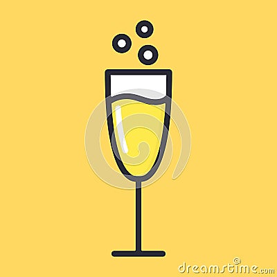 Glass of champagne with bubbles. Yellow drink. Cartoon alcohol icon. Vector flat glass Vector Illustration