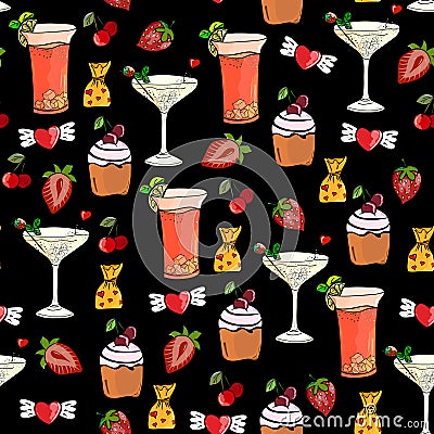 Glass with champagne, cocktail, cherry, cupcake Vector Illustration