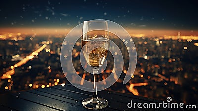 Glass of champagne in the night on the top of a skyscraper over the city, beautiful night city skyline. Generative AI Stock Photo