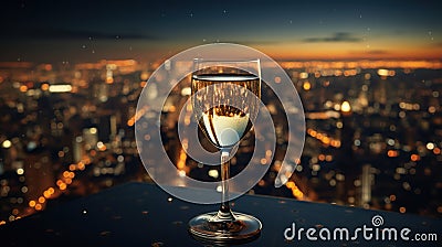 Glass of champagne in the night on the top of a skyscraper over the city, beautiful night city skyline. Generative AI Stock Photo