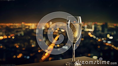 Glass of champagne in the night on the top of a skyscraper over the city, beautiful night city skyline, Generative AI Stock Photo