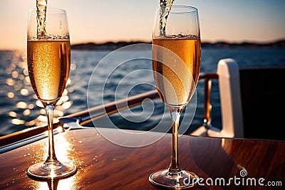Glass of champagne on yacht in ocean, luxury lifestyle holiday travel Stock Photo