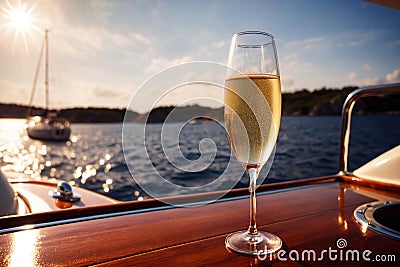 Glass of champagne on yacht in ocean, luxury lifestyle holiday travel Stock Photo