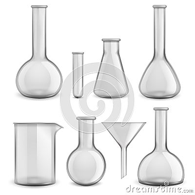 Glass chemical equipment. Realistic test tubes. 3D transparent laboratory instruments set. Scientific measuring Vector Illustration