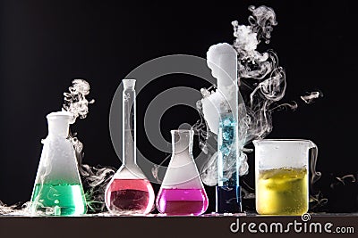 Glass in a chemical laboratory filled with colored liquid during Stock Photo