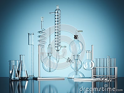 Glass chemistry lab equipment on blue background. 3d rendering Stock Photo