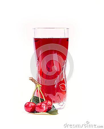 Glass cherry juice and ripe and juicy cherry with green leaves on white background Stock Photo