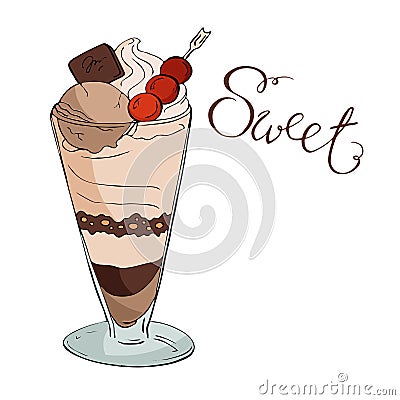 Glass with chocolate and cherry parfait or ice cream. Vector ink sketch. Cartoon Illustration