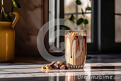 Glass of Chocolate-Peanut Butter Swirl smoothie for breakfast on sunny morning in the kitchen Stock Photo