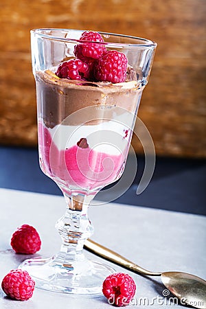 Glass of chocolate and rapsberry dessert Stock Photo