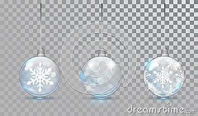 Glass Christmas balls set with snowflake pattern on a transparent background. New Year bauble for design. Christmas Vector Illustration