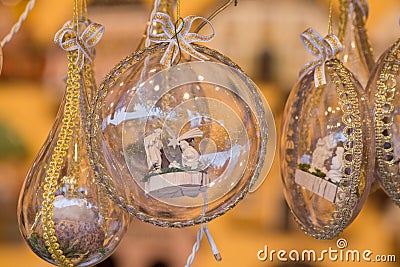 Glass Christmas globes with golden bows Stock Photo