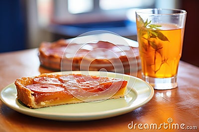 glass of cider next to a slice of tarte tatin Stock Photo