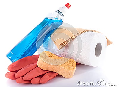 Glass cleaner with cleaning equipment Stock Photo