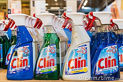 Glass cleaner Clin. Department of cleanliness in the supermarket. October 11, 2022 Balti Moldova Editorial Stock Photo