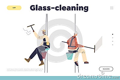 Glass cleaning concept of landing page with window washer on steeplejack washing glass of skyscraper Vector Illustration