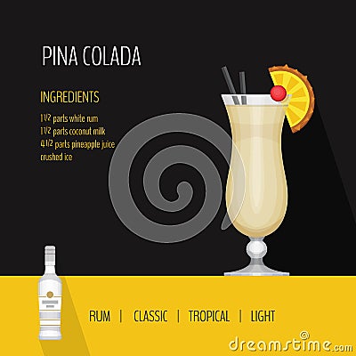 Glass of cocktail pina colada on black background. Cocktail menu Vector Illustration