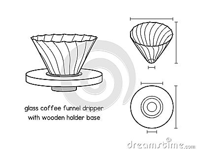 Glass Coffee Funnel Dripper With Wood Base Pour Over Coffee Brewing Filter Cup with Wooden Holder diagram for setup manual outline Vector Illustration