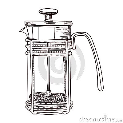 Glass coffee maker for making coffee, contour drawing brown isolated on white background, stock vector illustration for design and Vector Illustration