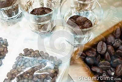 glass of coffee for taster to smell and taste aromatic and flavor wheel. aroma perception in brewed coffee double exposure with r Stock Photo