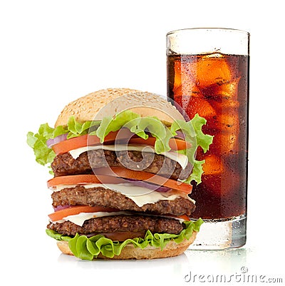 Glass of cola with ice and hamburger Stock Photo