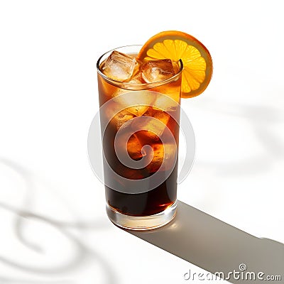 Glass of cola with ice, lemon and straw on a white background. Close-up of drink, cola with ice cubes Stock Photo