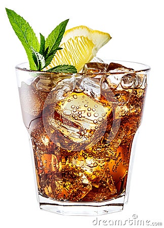 Glass of cola with ice, mint and lemon isolated on white. Clipping path Stock Photo