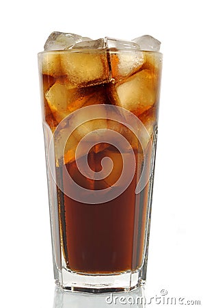 Tall glass of cold cola with ice cubes isolated on white background Stock Photo