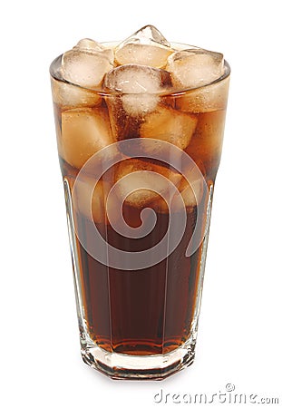 Tall glass of cold cola with ice cubes isolated on white background Stock Photo