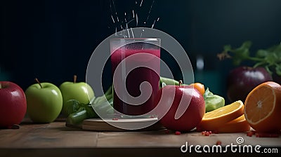 A glass of cold pressed juice with a variety of fruits an one generative AI Stock Photo