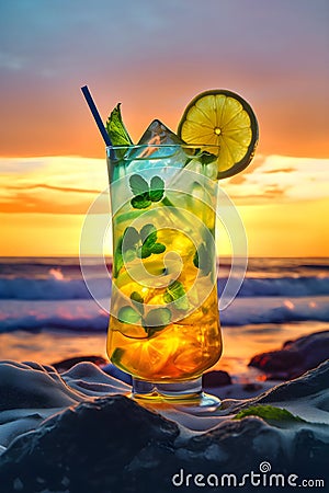 Glass of colorful summer cocktail on the beach at sunset with blurred beach background. Tropical cocktail with ice cubes, lime Stock Photo
